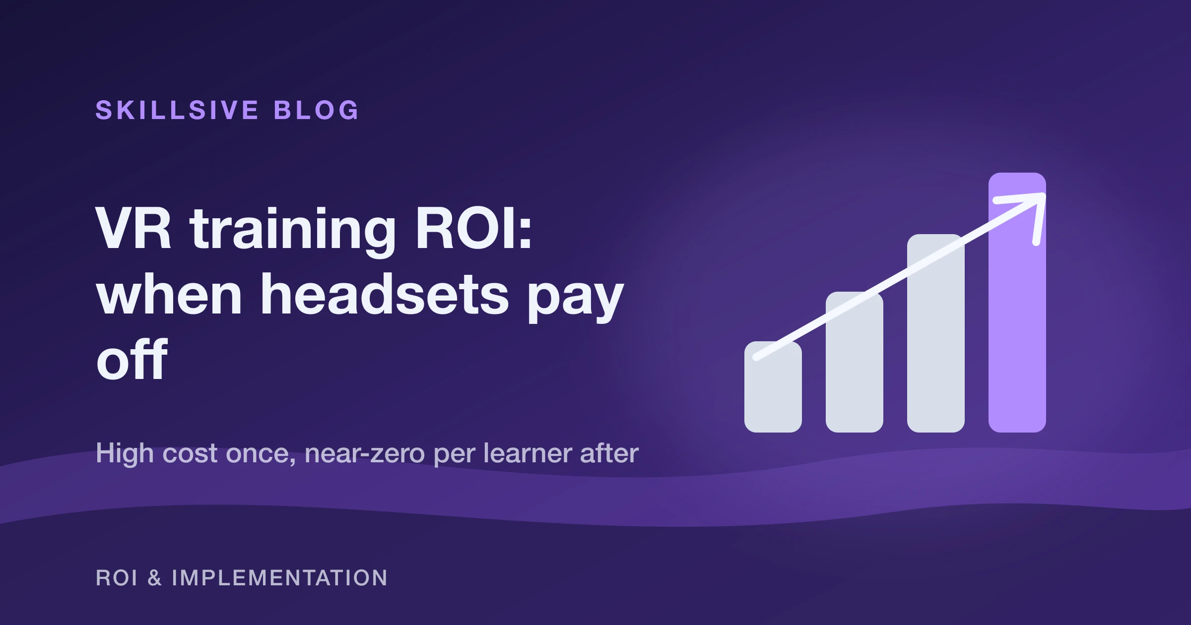 A rising cost-per-learner line for classroom training crossing below a flat VR training line, with a headset on the axis