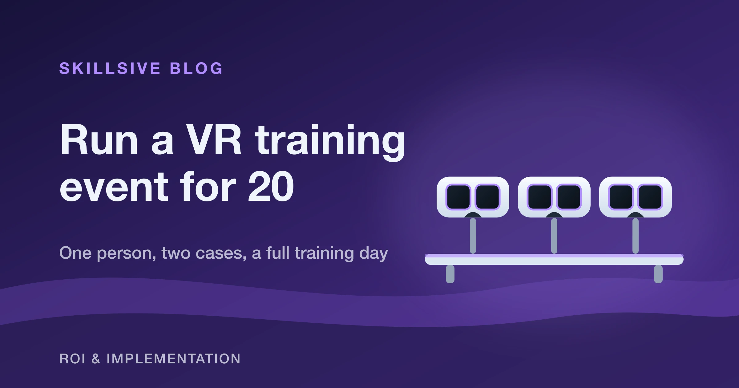 Three VR headsets on a rack, illustrating a VR training event kit for twenty people