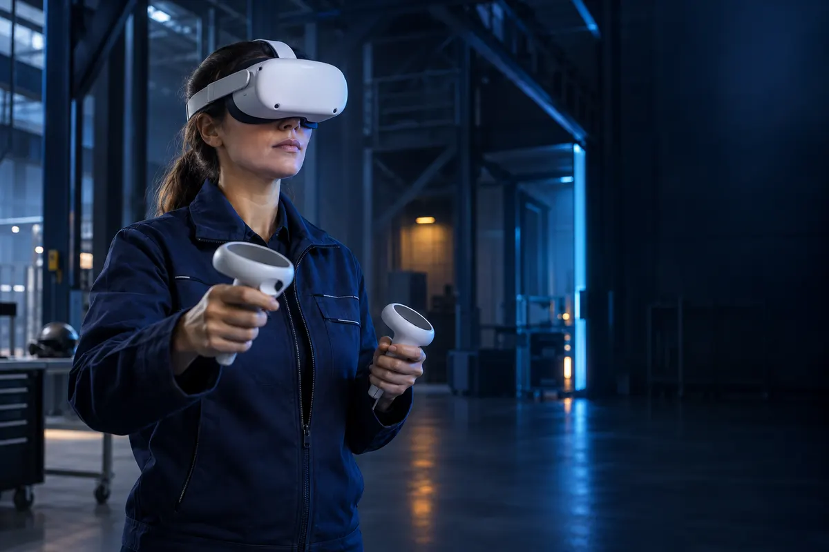 Illustration of a participant practising with a VR headset and controllers in a training space.