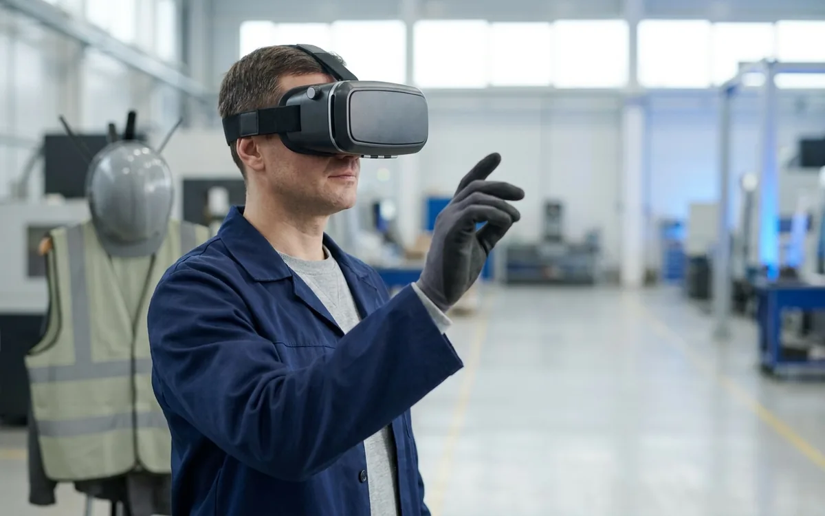 A trainee in a VR headset on a factory floor, reaching out to operate something inside the simulation.